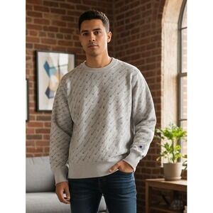 Champion‎ Reverse Weave All Over Logo Crewneck Sweatshirt Men's L Gray Pullover